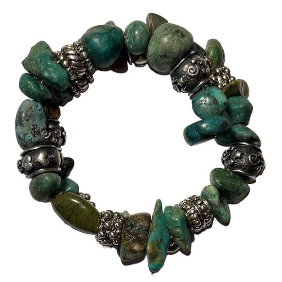Simulated Turquoise & Silver Tone Stone Coil Flex Bracelet Variscite - Picture 2 of 4